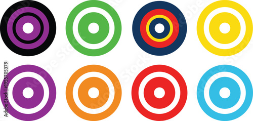 Colorful Target Circle Icon Set with Concentric Ring Symbols for Focus Aim, Goal Achievement, Bullseye Mark, and Abstract Geometric Design