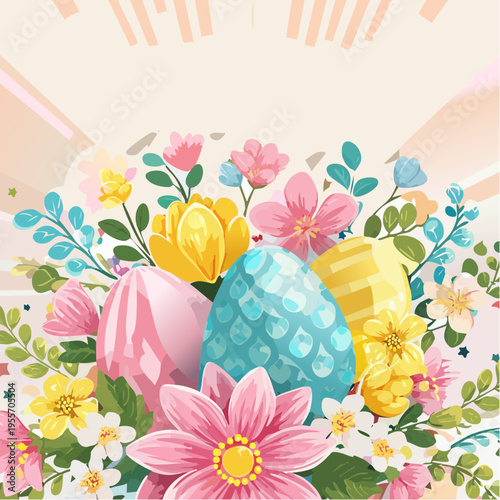 Floraler Osterhintergrund mit Blüten und Eiern