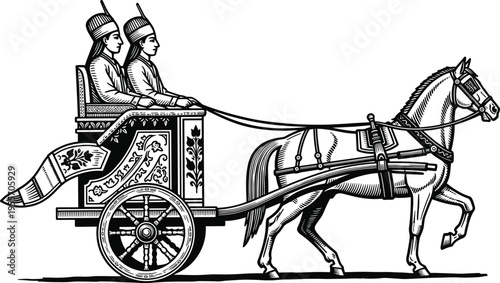 Two men in traditional hats ride in ornate chariot pulled by horse carriage