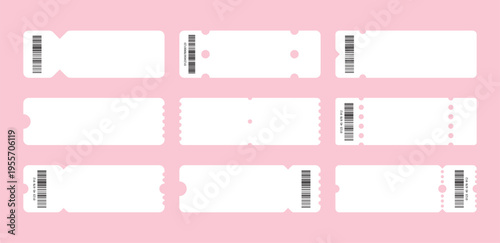 Set of white blank tickets mockup. Empty flat template Tickets. For cinema, sale coupon, circus, theater, festival. Minimalist coupons set. Isolated background	