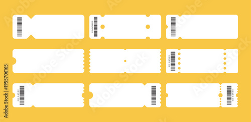 Set of white blank tickets mockup. Empty flat template Tickets. For cinema, sale coupon, circus, theater, festival. Minimalist coupons set. Isolated background	