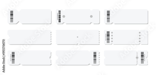 Set of white blank tickets mockup. Empty flat template Tickets. For cinema, sale coupon, circus, theater, festival. Minimalist coupons set. Isolated background	