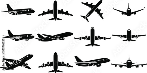 Airplane Silhouette Collection Commercial Aircraft Set Aviation Transport Icons Isolated on White Background