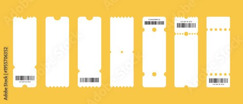Set of white blank tickets mockup. Empty flat template Tickets. For cinema, sale coupon, circus, theater, festival. Minimalist coupons set. Isolated background	