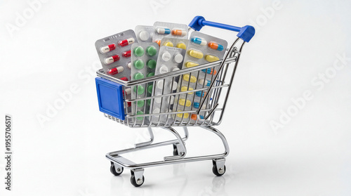 Miniature shopping cart filled with various blister packs of colorful prescription and over the counter medications