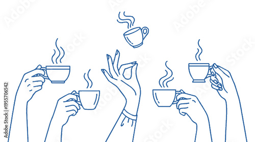 Four hands holding steaming coffee cups in different gestures on white background