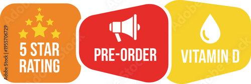 Promotional Badge Icon Set with Five Star Rating, Pre Order Megaphone, and Vitamin D Label Symbols for Marketing Campaign and Product Highlight Design