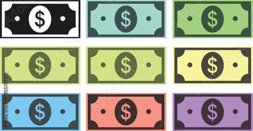Dollar Banknote Icon Set with Currency Money Symbols for Financial Payment, Cash Transaction, Economic Exchange, and Business Finance Design