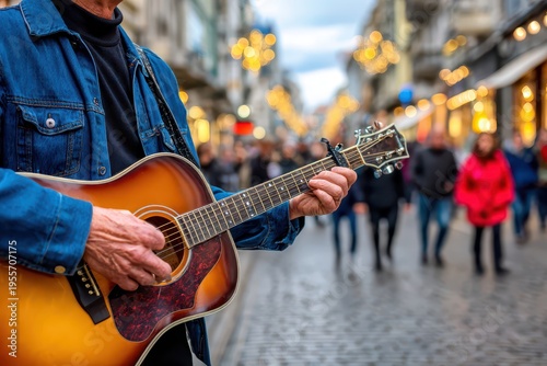 A street musician playing guitar on a cobblestone street filled with people, with decorative lights strung overhead creating a festive atmosphere and blurred background.