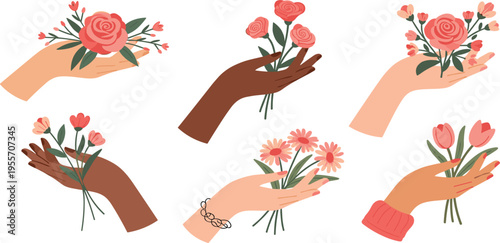 Feminine Hand Holding Flower Bouquets Illustration Set with Diverse Skin Tones, Roses, Tulips, and Daisies for Beauty, Self Care, Spring Design, and Empowerment Concepts