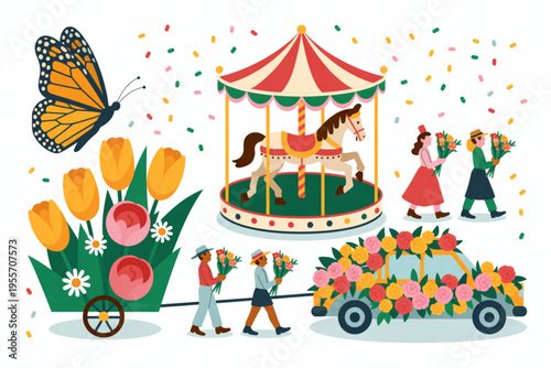 Whimsical illustration featuring a carousel, a flower-covered car, and people in a festive parade Vector