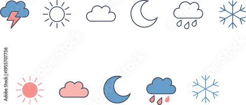 Weather icons set, sun cloud rain snow thunder, day night forecast symbols, climate outline vector illustration collection