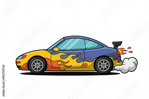 A sleek blue and yellow sports coupe car featuring vibrant flame decals and a rear exhaust smoke Vector