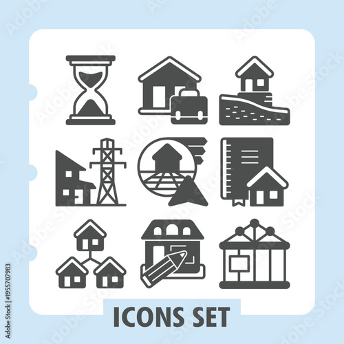 Hourglass, electricity, houses modern icons set featuring real estate, property, housing items in solid style for apps and print on white background. Vector graphics. Set of nine glyph icons.