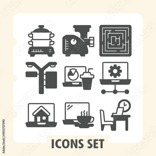 Steamer, light post, laptop modern icons set depicting travel, navigation, work, home items in solid style for web apps and print on white background. Vector graphics. Set of nine glyph icons.