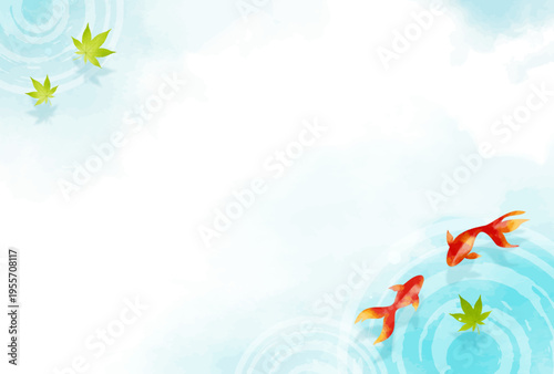 夏・暑中見舞い・和風　水彩風　赤い金魚と水面の波紋