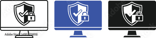 Computer monitors displaying shield and lock icons in different colors
