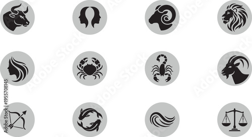 Elegant Astrological Zodiac Icons with Grey Circular Backgrounds Featuring Twelve Horoscope Symbols for Modern Astrology Reports and Personal Branding