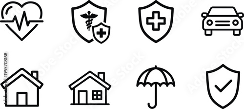 Insurance icons set with shield heart house car and umbrella