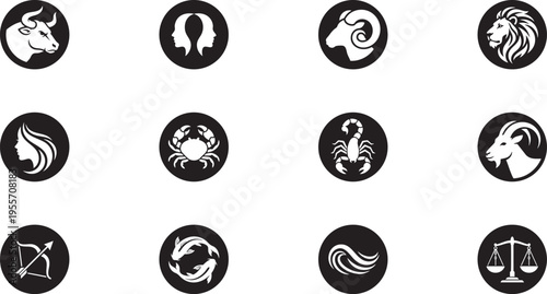 Professional Zodiac Sign Symbols in Black Circular Icons Representing Twelve Astrological Constellations for Horoscope Astrology and Celestial Branding