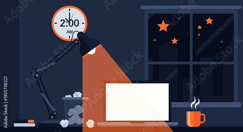 illustration of hands writing on notepad with laptop and coffee cup on desk