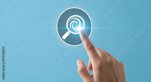 A finger touching a magnifying glass icon on a digital screen.
