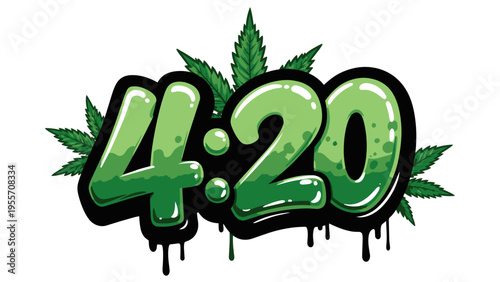Green 420 graffiti lettering with cannabis leaves, dripping paint typography design for marijuana culture and celebration concept.