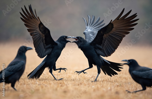 Two black ravens fight on dry grass field. Other birds watch. Ravens have open beaks, spread wings in battle over food. Smart birds interact in wild nature.