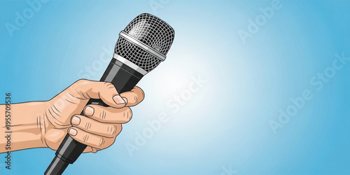 Hand Holding Microphone Vector Illustration with Blue Gradient Background, Public Speaking, Interview, Podcast and Media Communication Concept Design