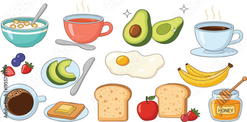 Healthy Breakfast Food Vector Set Featuring Avocado, Eggs, Coffee, Toast, Fruits, and Honey for Nutrition Design, Morning Meals, Cafe Menus, and Lifestyle Illustrations
