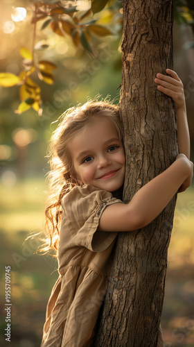 Young girl smiling while hugging a tree in a sunny park  