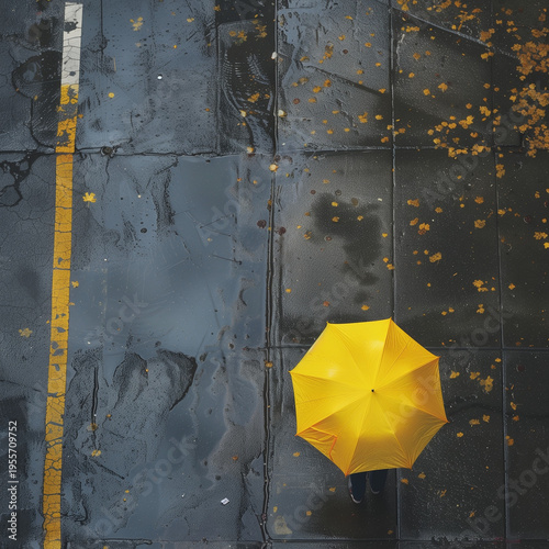 Yellow umbrella on wet pavement with fallen leaves in autumn  