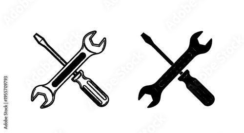 Vector illustration of crossed wrench and screwdriver icon set, repair and maintenance tools