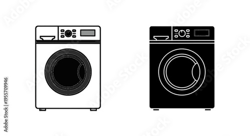 Vector illustration of front load washing machine icon set, black and white vector illustration