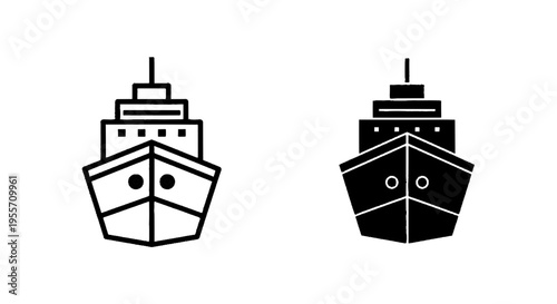 Vector illustration of set of ship icons, front view of a cruise ship or cargo vessel