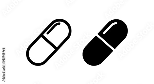 Vector illustration of two pill capsule icons, outline and solid style