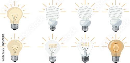 Light Bulb Icon Collection with LED, CFL, and Incandescent Lamps in Flat Style, Energy Efficient Lighting Symbols for Ideas, Innovation, Technology, and UI Design