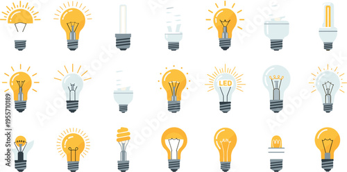 Light Bulb Icon Set Featuring LED, Incandescent, and Energy Saving Lamps in Different Styles for Ideas, Innovation, Electricity Concepts, UI Design, and Web Graphics