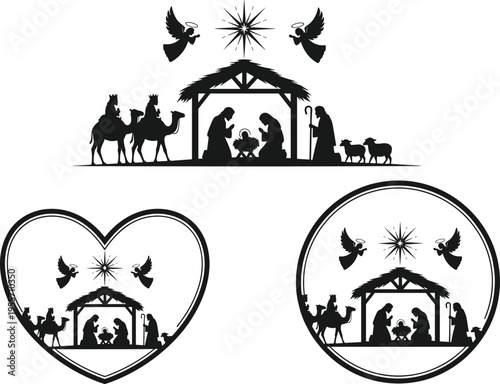 Nativity, scene, silhouette, set, with, Mary, Joseph, baby, Jesus, angels, magi, shepherd, star, Bethlehem, religious, Christmas, heart, circle, vector, illustration.