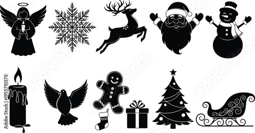 Christmas, icons, set, silhouette, vector, Santa, Claus, reindeer, snowman, snowflake, angel, tree, candle, dove, gingerbread, sleigh, gift, holiday, festive, decoration.