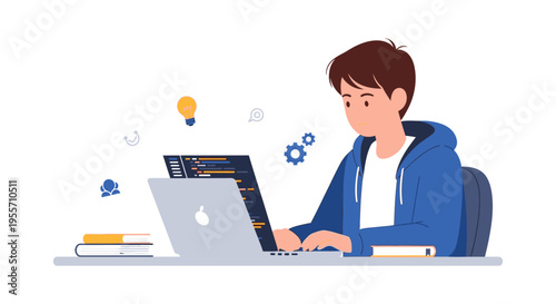 Young Developer Coding on Laptop. Flat Illustration of Student Learning, Software Engineering, and Web Development Concept with Code Screen, Gears, and Lightbulb.