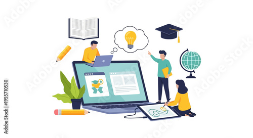E-learning and Online Education Platform with Students Studying, Collaborating, and Developing Ideas. Knowledge Sharing Concept Vector.