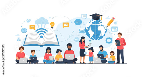 E-learning and Online Education Concept. Diverse Group of Students Accessing Global Knowledge via Laptops, Digital Devices, and Internet Connectivity.