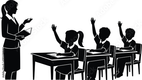 Teacher standing in classroom with students raising hands, school lesson silhouette vector, primary education background, children learning at desks, elementary teaching.