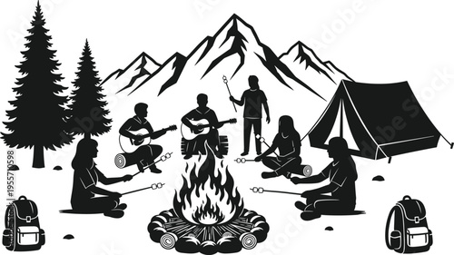 Camping silhouette with people at campfire, mountain landscape background, friends playing guitar, tent and forest vector, outdoor adventure summer holiday.