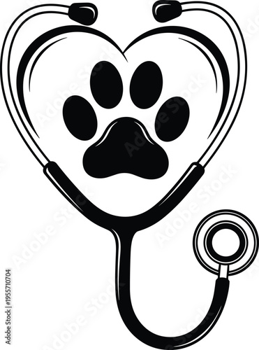 Veterinary, medicine, heart, shaped, stethoscope, icon, with, pet, paw, print, silhouette, for, animal, healthcare, clinic, logo, veterinary, care, services, illustration