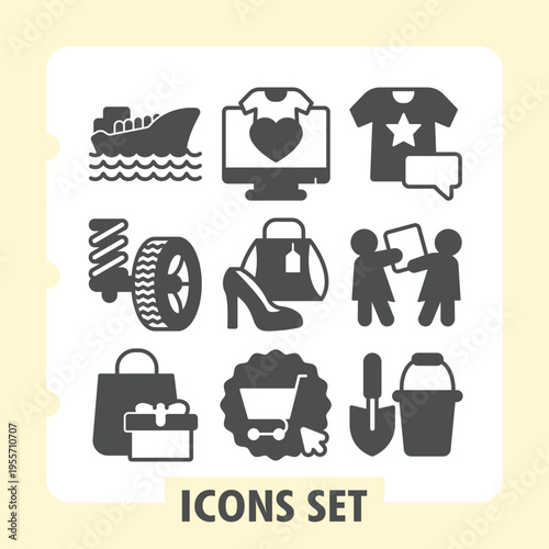 Vessel, wheel tire, shopping bag modern icons set depicting travel, clothing and accessories items in solid style for web apps and print on white background. Vector graphics. Set of nine glyph icons.