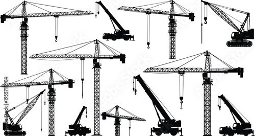 Construction, crane, silhouette, set, with, tower, cranes, mobile, cranes, and, lifting, machinery, for, industrial, building, sites, engineering, projects, development, design