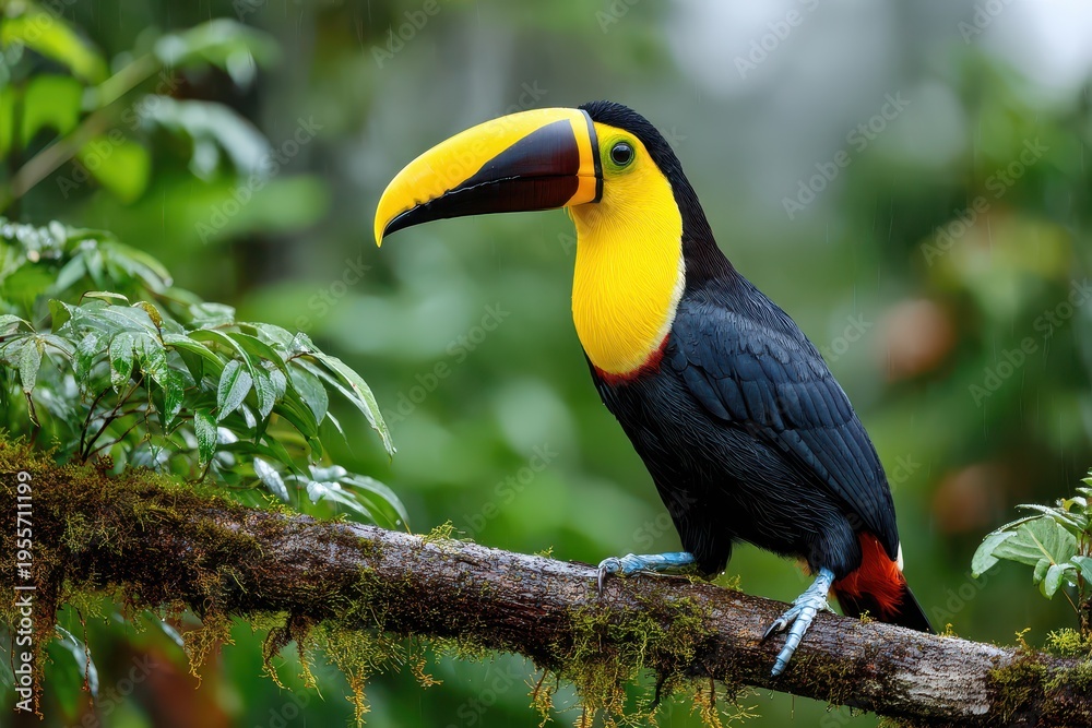 Obraz premium A stunning keel-billed toucan perched on a mossy branch in the lush rainforest, showcasing its vibrant yellow and black plumage in its natural habitat.