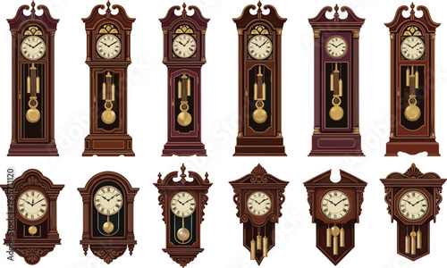 Vintage, grandfather, clocks, and, wall, pendulum, clock, collection, set, of, antique, wooden, timepieces, for, home, decor, interior, design, vector, illustration.